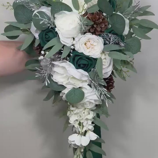 Emerald Green Bouquet Bridal Cascade White Bouquet Bridesmaids Hunter Green Forest Silver Cascading Bouquet Pine Cone Artificial Flower