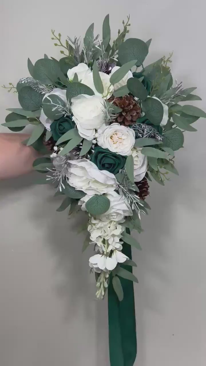 Emerald Green Bouquet Bridal Cascade White Bouquet Bridesmaids Hunter Green Forest Silver Cascading Bouquet Pine Cone Artificial Flower