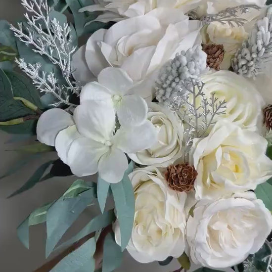 Wedding Bouquet White Winter Christmas Bridal Ivory Rustic Bridesmaids Decor Winter White Christmas Tree Snow Pine Cone Artificial Flower