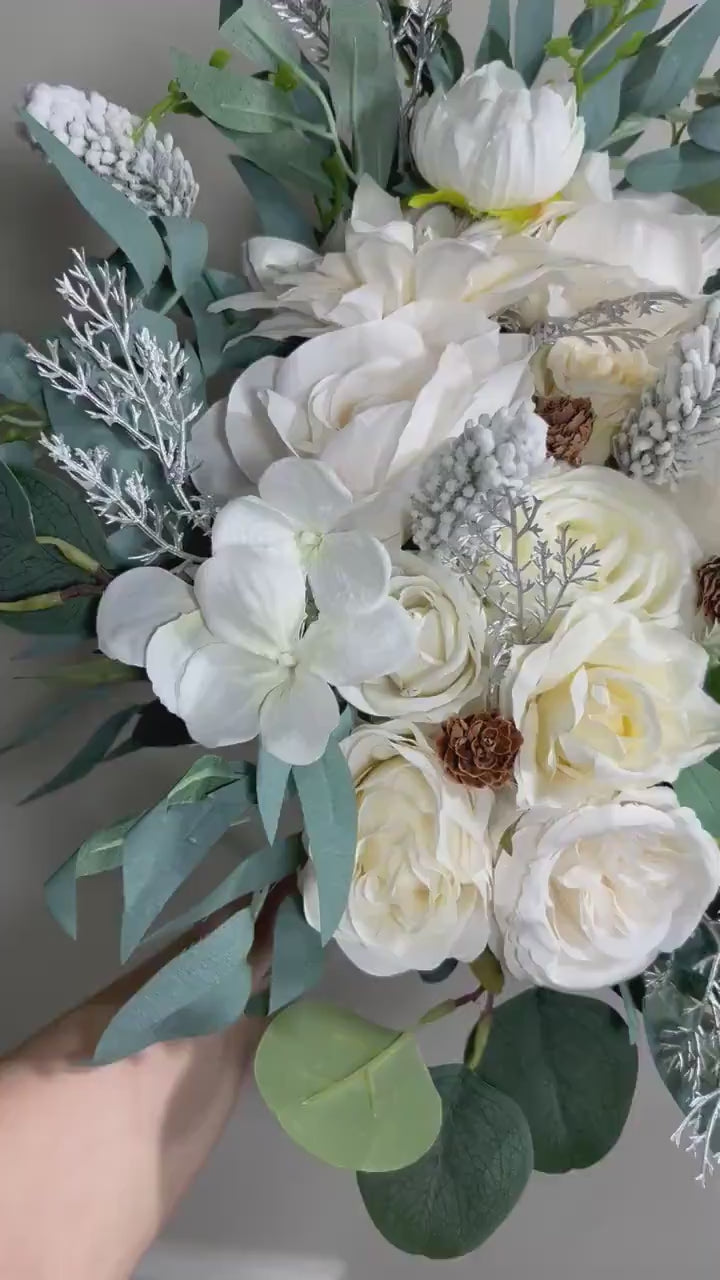 Wedding Bouquet White Winter Christmas Bridal Ivory Rustic Bridesmaids Decor Winter White Christmas Tree Snow Pine Cone Artificial Flower
