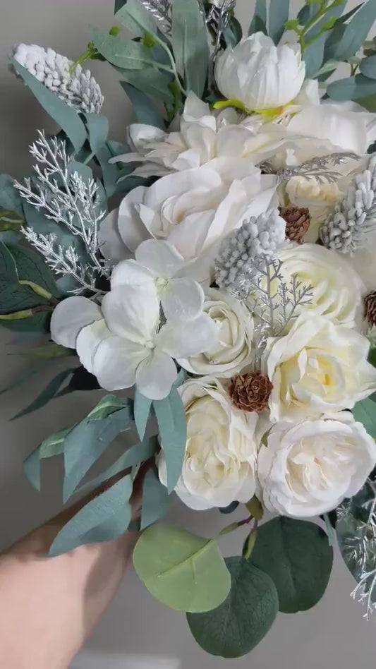 Wedding Bouquet White Winter Christmas Bridal Ivory Rustic Bridesmaids Decor Winter White Christmas Tree Snow Pine Cone Artificial Flower