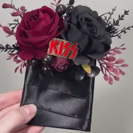 Wedding Custom Pocket Boutonniere Kiss Black Groom Boutonnière Square Burgundy Groomsmen Rock and Roll Band KISS Artificial Flower