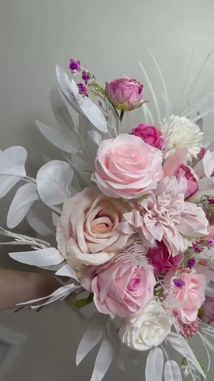 Wedding Bouquet Pink Barbie Bridal Hot Pink Bouquet Barbie Fuchsia Dahlia Viva Magenta Peony Dusty Rose Bunny Tails Artificial Flower