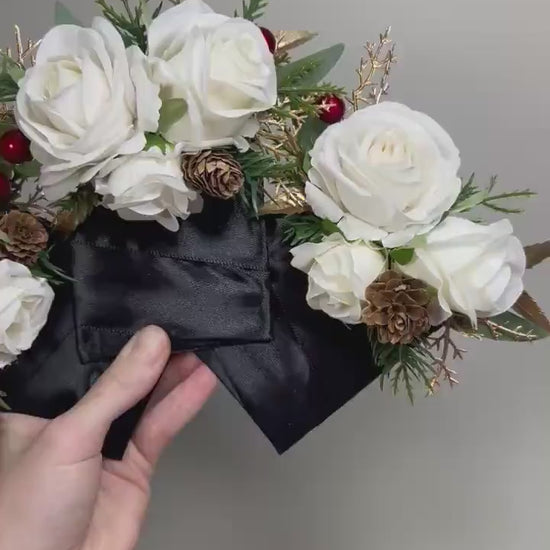 Christmas Pocket Boutonniere Wedding White Groom Pocket Boutonnière Square Winter Groomsmen Gold Ivory Pine Cones Artificial Flower