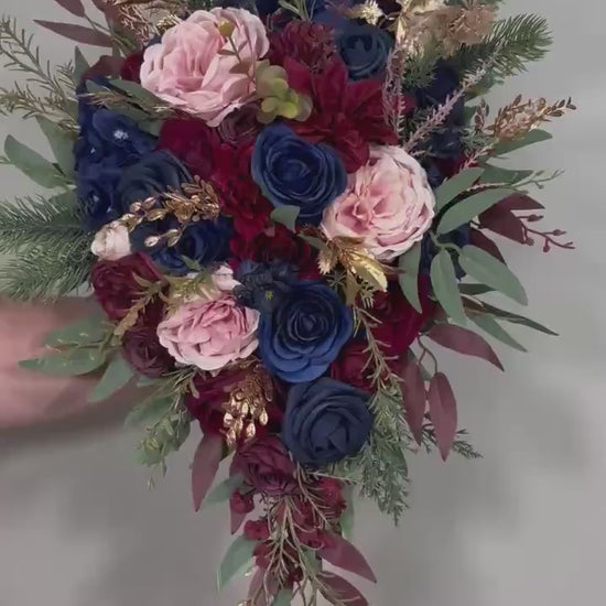 Burgundy Navy Blue Bouquet Cascade Wedding Bridal Bouquet Blush Navy Blue Burgundy Bouquet Bridesmaids Cascading Gold Bouquet Winter Maroon