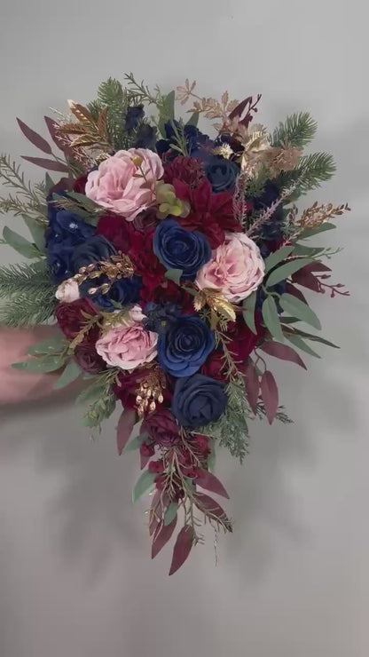 Burgundy Navy Blue Bouquet Cascade Wedding Bridal Bouquet Blush Navy Blue Burgundy Bouquet Bridesmaids Cascading Gold Bouquet Winter Maroon