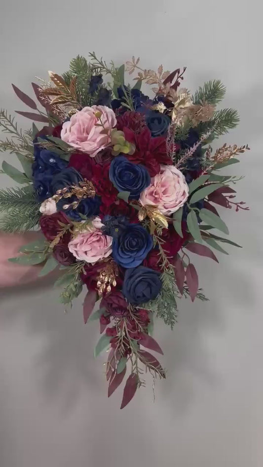 Burgundy Navy Blue Bouquet Cascade Wedding Bridal Bouquet Blush Navy Blue Burgundy Bouquet Bridesmaids Cascading Gold Bouquet Winter Maroon