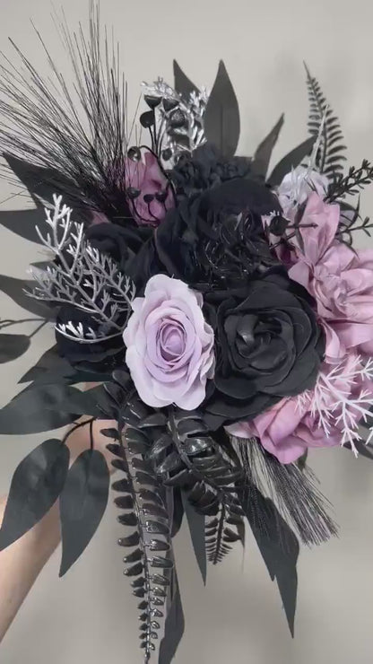 Wedding Bouquet Black Purple Bridal Gothic Bouquet Black Dark Purple Bridesmaids Bouquet Black Purple  Artificial Flower