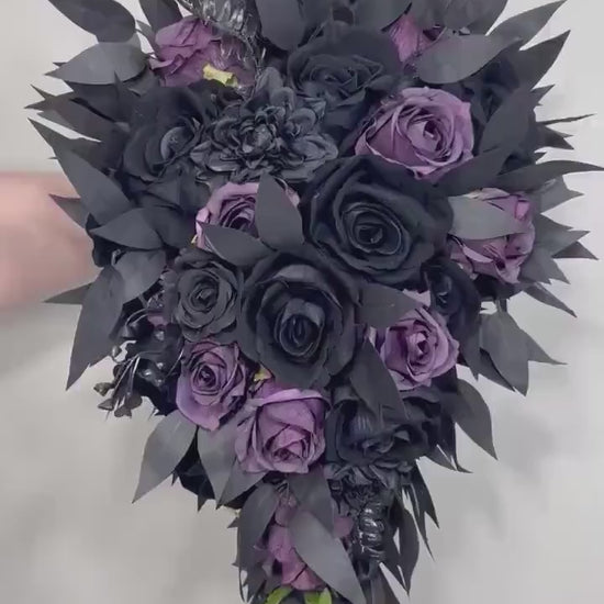 Black Plum Bouquet Bridal Cascading Black Wedding Bouquet Plum Gothic Bridesmaids Bouquet Cascade Dark Purple Black Wedding Artificial