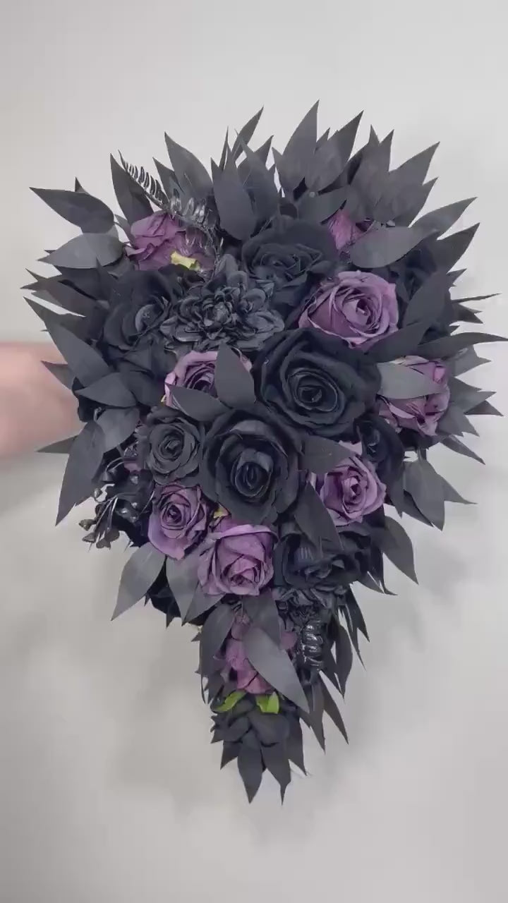 Black Plum Bouquet Bridal Cascading Black Wedding Bouquet Plum Gothic Bridesmaids Bouquet Cascade Dark Purple Black Wedding Artificial