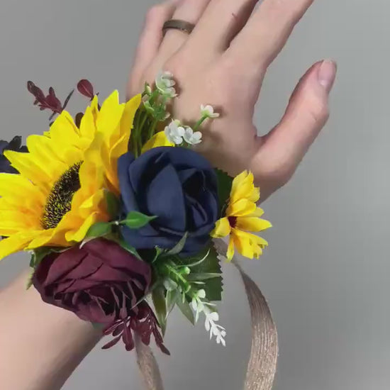 Sunflowers Corsage Wedding Burgundy Navy Blue Sunflower Corsage Wrist Bridesmaids Sunflowers Corsage Maroon Navy Blue Dark Corsage Fall