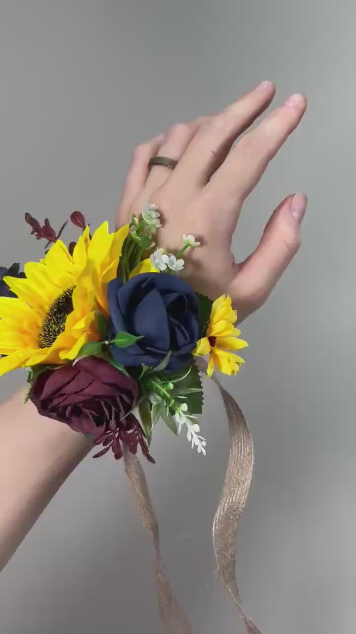 Sunflowers Corsage Wedding Burgundy Navy Blue Sunflower Corsage Wrist Bridesmaids Sunflowers Corsage Maroon Navy Blue Dark Corsage Fall