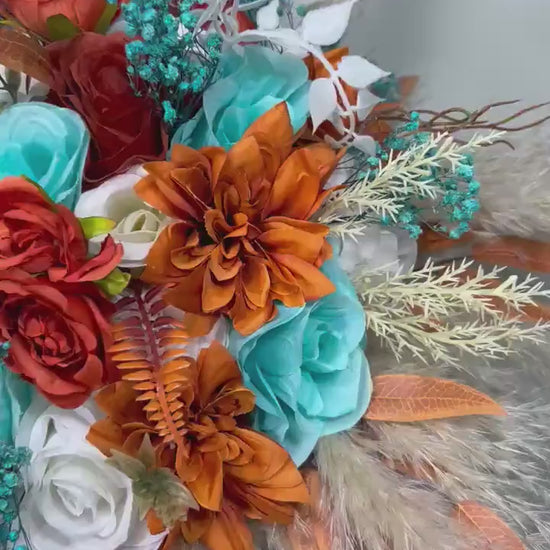 Turquoise Terracotta Bouquet Wedding Bridal Boho Teal Blue Aqua Burnt Orange Bridesmaids Pampas Grass Bouquet White Artificial Flowers