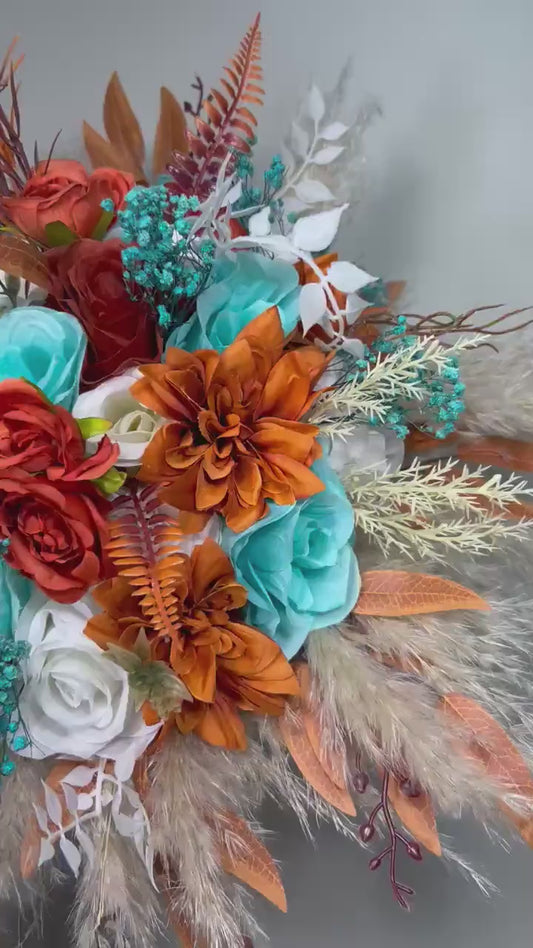 Turquoise Terracotta Bouquet Wedding Bridal Boho Teal Blue Aqua Burnt Orange Bridesmaids Pampas Grass Bouquet White Artificial Flowers