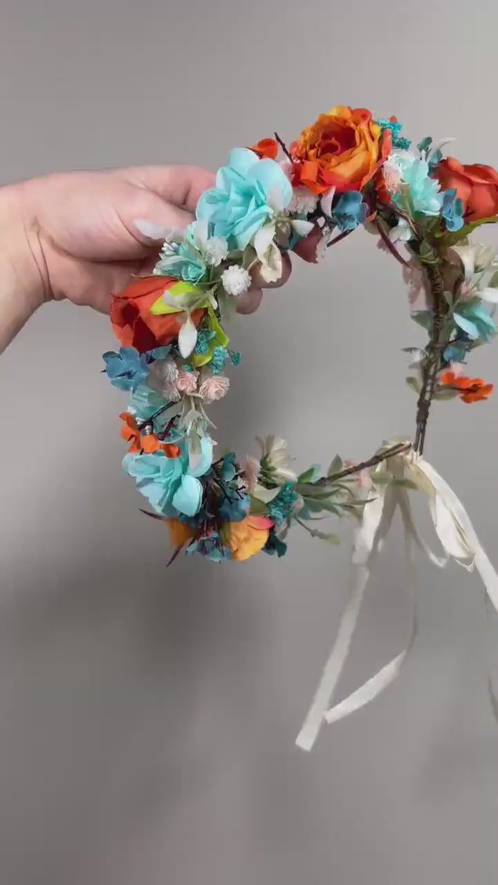 Teal Flower Crown Wedding Bridal Floral Headband Teal Burnt Orange Adult Crown Terracotta Turquoise Wreath Toddlet Crown Children Rust Teal