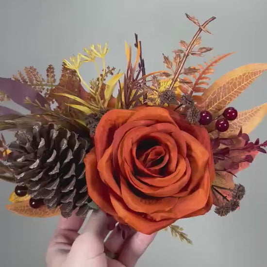 Fall Cake Decoration Wedding Burnt Orange Cake Flower Arrangement Pine Cone Rustic Cake Decor Artificial Flowers Terracotta Floral Cake