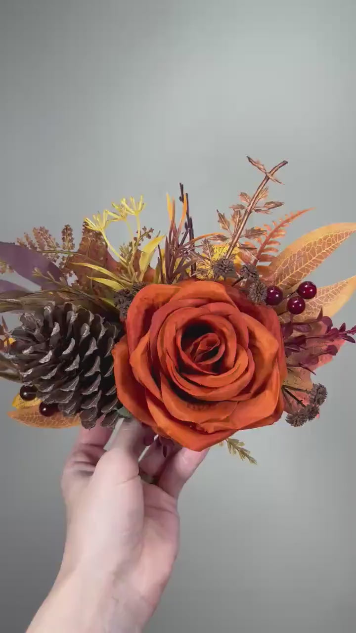 Fall Cake Decoration Wedding Burnt Orange Cake Flower Arrangement Pine Cone Rustic Cake Decor Artificial Flowers Terracotta Floral Cake