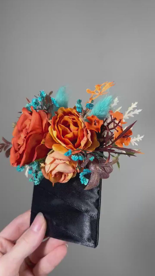 Teal Orange Pocket Boutonniere Wedding Turquoise Terracotta Pocket Boutonnière Groom Rust Teal Boutonnière Square Burnt Orange Baby Breath