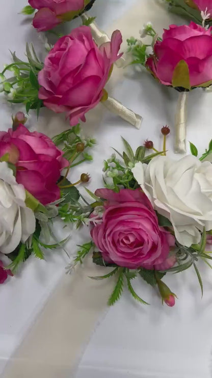 Hot Pink Boutonniere Wedding Fushia Groom Boutonnière Groomsmen White Pink Boutonnière Hot Pink Prom Boutonnière Baby Breath Artificial