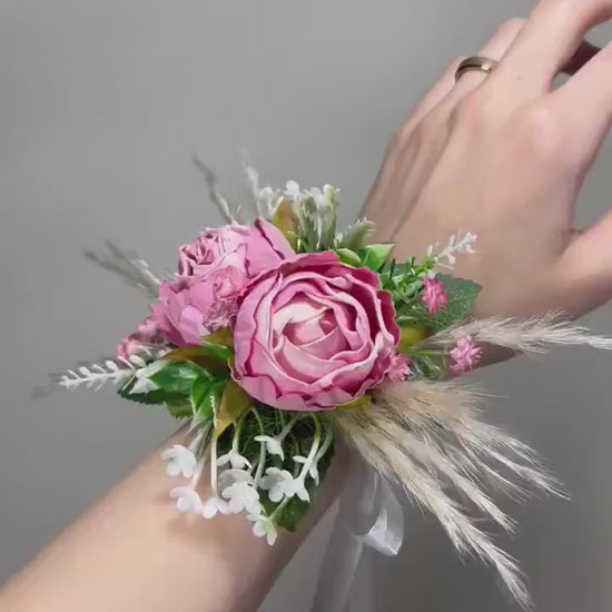 Wedding Boutonniere Pink Groom Wedding Groomsmen Boutonnière Corsage Peony Mom Corsage Pampas Grass Artificial Flowers