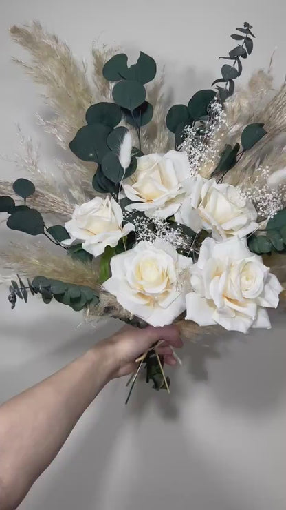 Wedding White Bouquet Bridal Boho Bouquet Pampas Grass Eucalyptus Bouquet Greenery Ivory Bridesmaids Bouquet Emerland Dried Flower