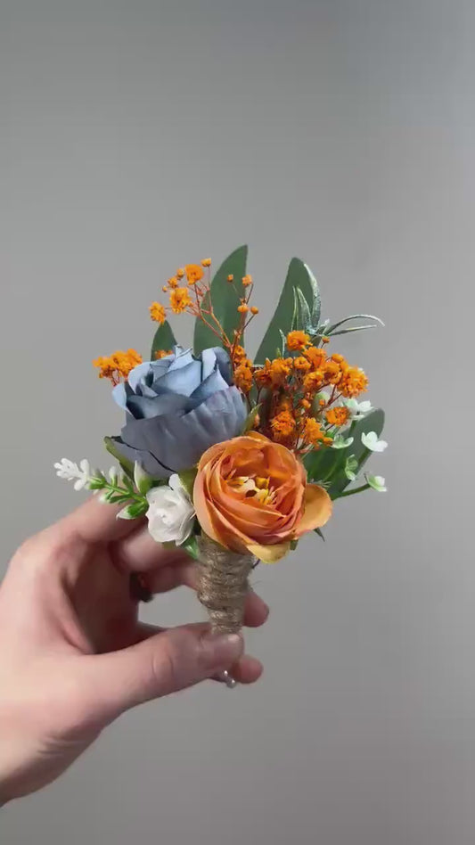 Blue Orange Boutonniere Wedding Dusty Blue Burnt Orange Groom Boutonnière White Groomsmen Dusty Blue Terracotta Boutonniere Artificial
