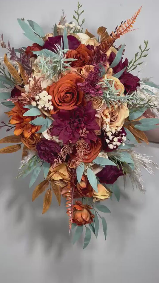 Orange Burgundy Bouquet Bridal Terracotta Cascade Bouquet Bridesmaids Rust Burgundy Burnt Orange Bouquet Fall Eucalyptus Pampas Grass