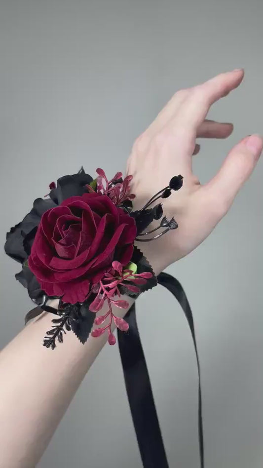 Black Burgundy Corsage Wedding Gothic Wrist Corsage Bridesmaids Black Corsage Mom Black Burgundy Accessories Artificial Flower
