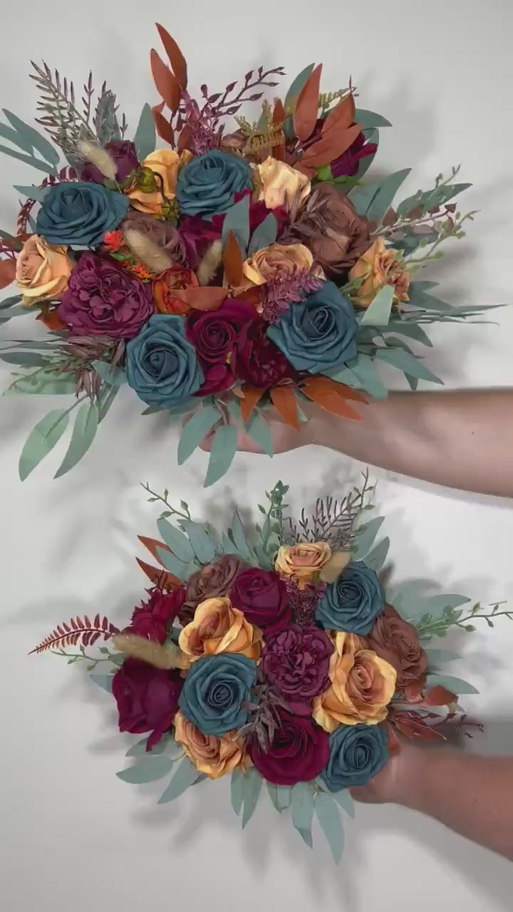 Wedding Dark Teal Bouquet Bridal Rust Terracotta Bridesmaids Burgundy Burnt Orange Bouquet Teal Terracotta Artificial Flowers Bouquet