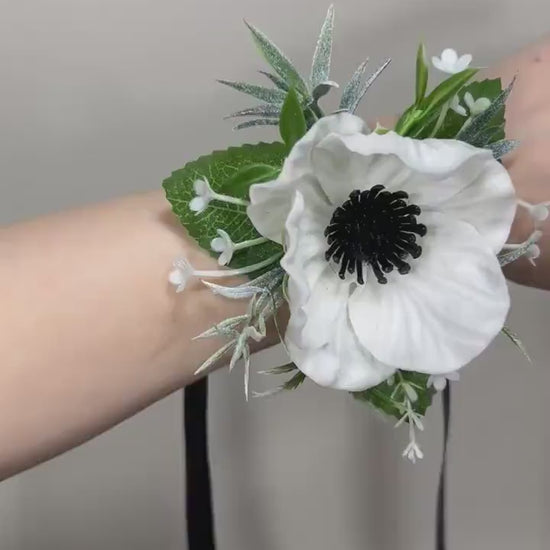 Anemone Corsage Wedding White Wrist Corsage Anemone Bridesmaids Corsage Ivory Mom Corsage Accessories Artificial Flowers White Anemone