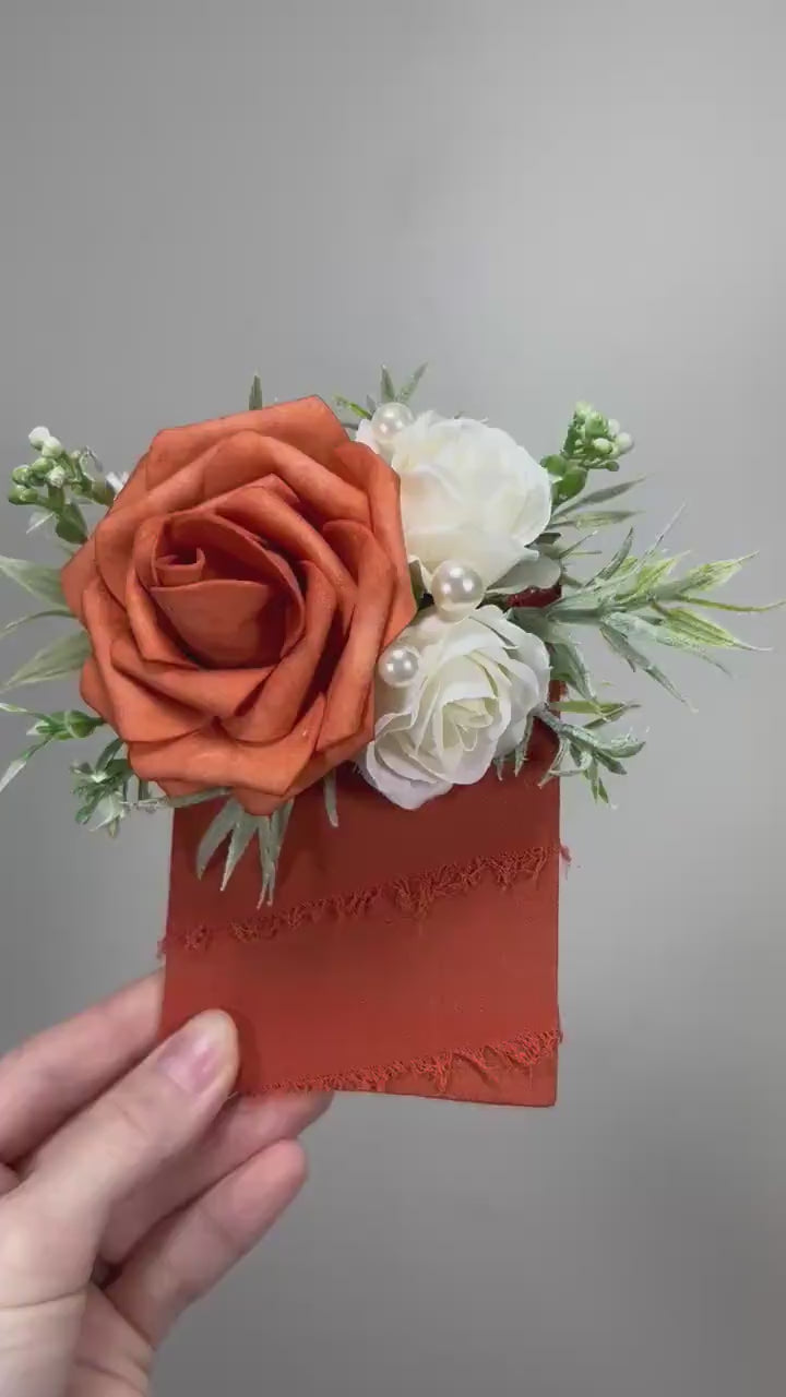 Orange Pocket Boutonniere Wedding Groom Boutonnière Terracotta Square Groomsmen Rust White Pocket Boutonniere Pearl Burnt Orange