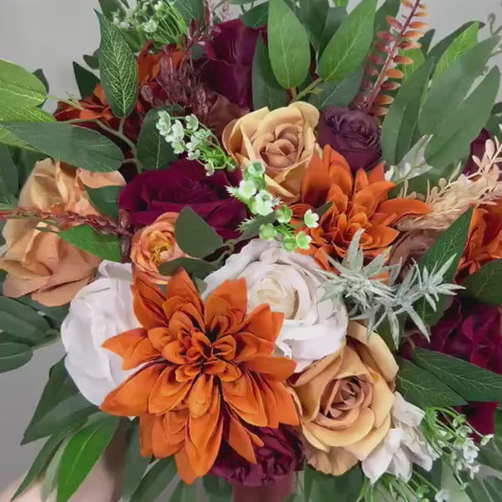 Wedding Bouquet Terracotta Rust Bouquet Bridesmaids Cinnamon Fall Burgundy Orange White Ivory Bouquet Artificial Flower