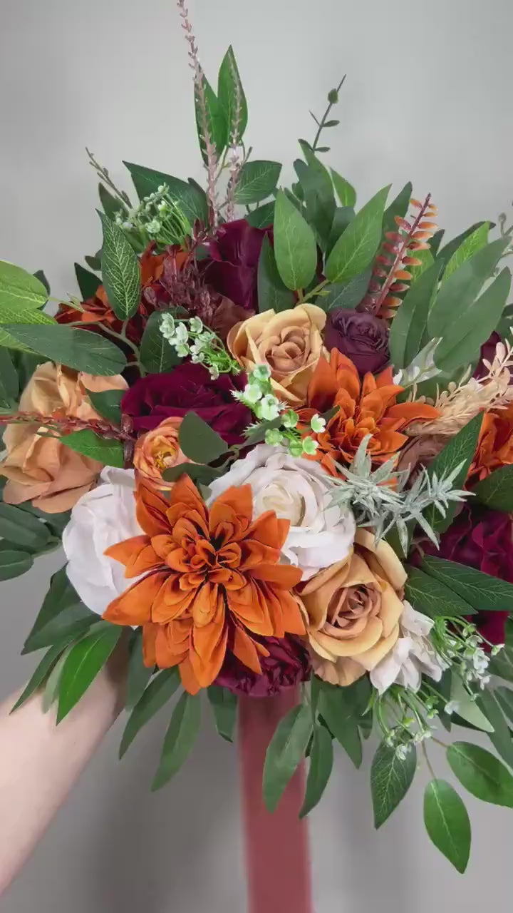 Wedding Bouquet Terracotta Rust Bouquet Bridesmaids Cinnamon Fall Burgundy Orange White Ivory Bouquet Artificial Flower