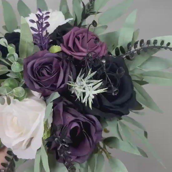 Black Plum White Bouquet Wedding Bridal Gothic Bouquet Dark Purple Black Ivory Dusty Sage Green Bridesmaids Bouquet Artificial Flowers
