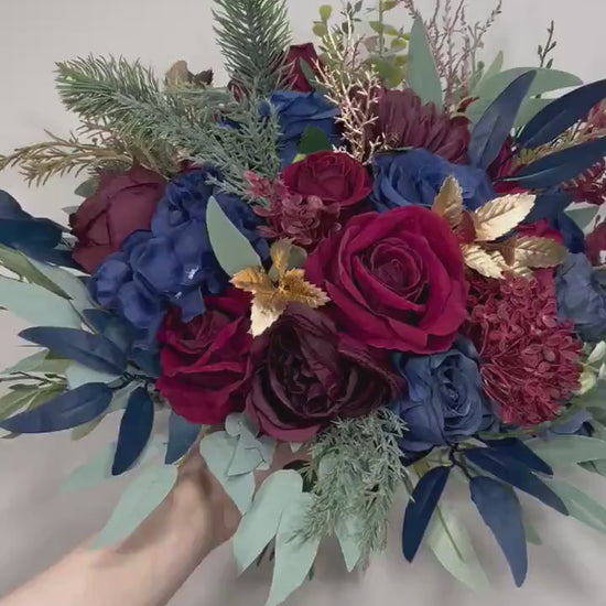 Burgundy & Navy Wedding Bridal Bouquet with Gold Accents Silk and Velvet Flowers