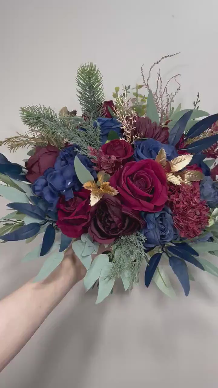 Burgundy & Navy Wedding Bridal Bouquet with Gold Accents Silk and Velvet Flowers