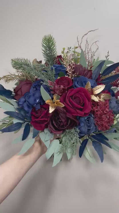 Burgundy & Navy Wedding Bridal Bouquet with Gold Accents Silk and Velvet Flowers