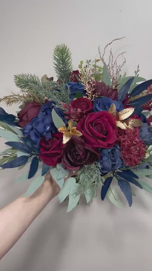 Burgundy & Navy Wedding Bridal Bouquet with Gold Accents Silk and Velvet Flowers