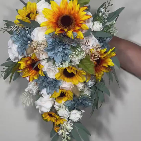 Wedding Bouquet White Bridal Cascade Sunflower Bouquet Cascading Ivory Dusty Blue Sunflower Bridesmaids Bouquet Blue Artificial Flowers
