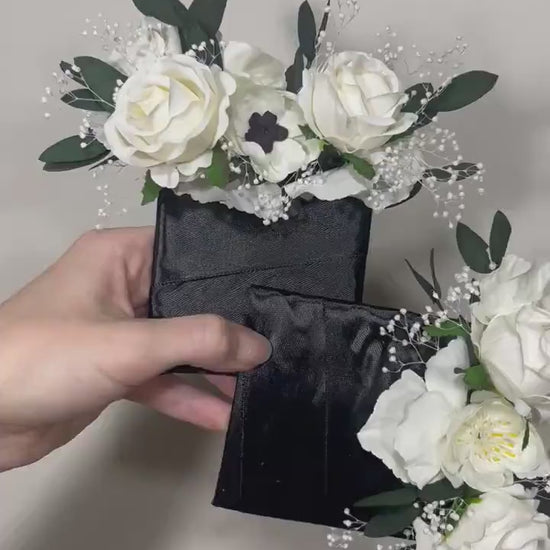 Wedding Pocket Boutonniere White Anemone Baby Breath Groom Boutonnière Square Groomsmen Wedding Ivory Rustic Eucalyptus Artificial Flowers