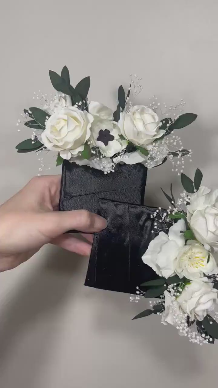 Wedding Pocket Boutonniere White Anemone Baby Breath Groom Boutonnière Square Groomsmen Wedding Ivory Rustic Eucalyptus Artificial Flowers