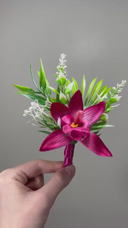 Orchid Boutonniere Wedding Groom Fuchsia Boutonniere Hot Pink Groomsmen Beach Boutonniere Tropical Deep Pink Orchid Artificial Flowers