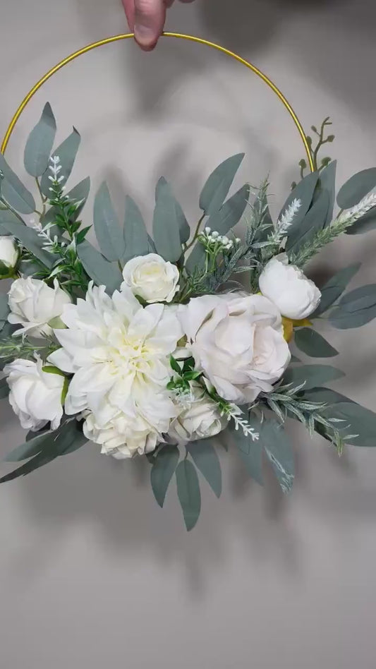 Wedding Hoop White Bridal Ivory Hoop Classic Bridesmaids Ring Wreath Flower Girl Hoop White Eucalyptus Artificial Flower Flower Hoop