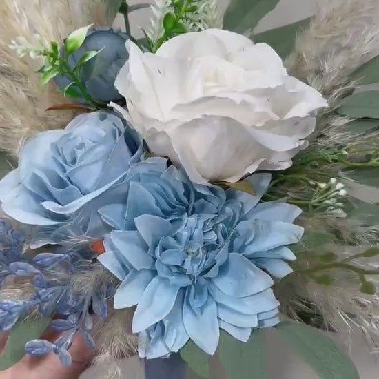 Pew Decor Blue White Wedding Dusty Blue Aisle Decoration Boho Ivory Ceremony Decor White Blue Chair Decor White Aisle Marker Pampas Grass