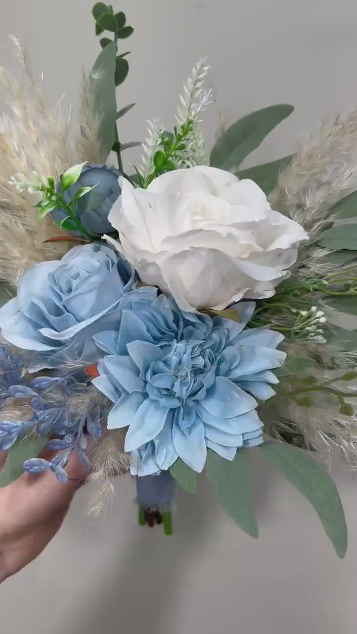 Pew Decor Blue White Wedding Dusty Blue Aisle Decoration Boho Ivory Ceremony Decor White Blue Chair Decor White Aisle Marker Pampas Grass