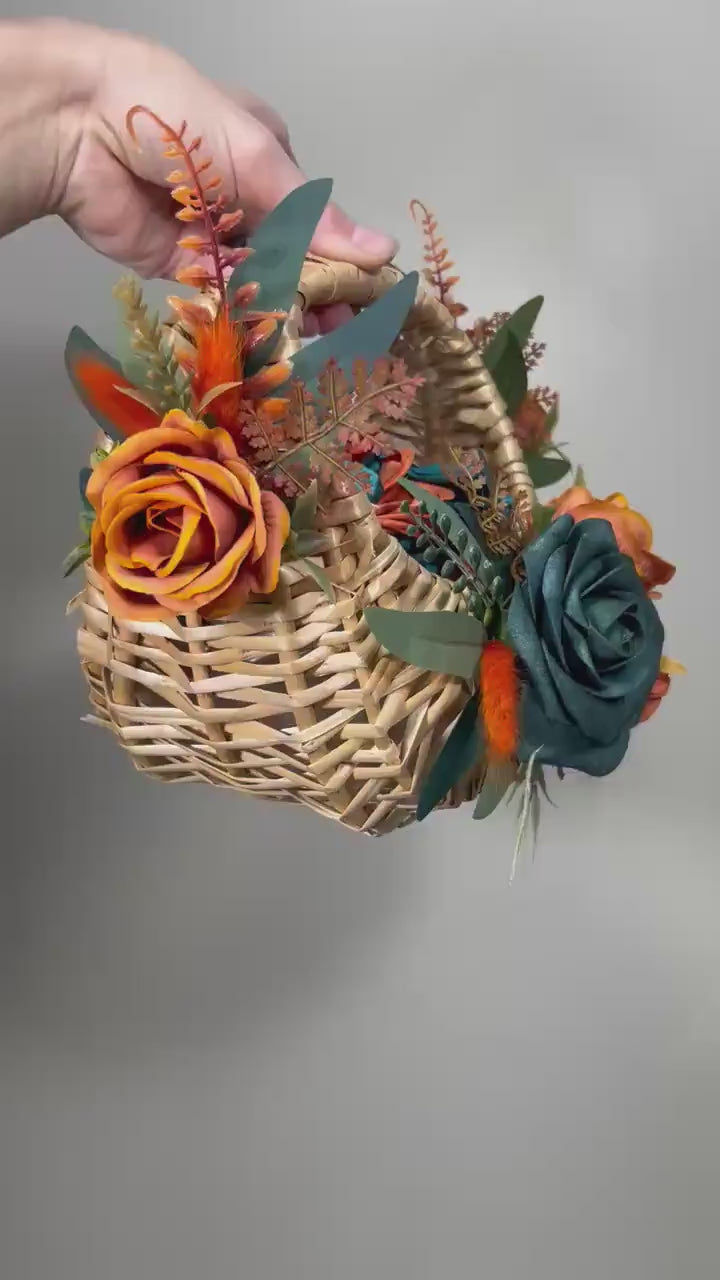 Flower Girl Basket Wedding Dark Teal Orange Burnt Fall Ceremony Artificial Flower Terracotta Teal Blue Rustic Flower Girl Basket for Petals