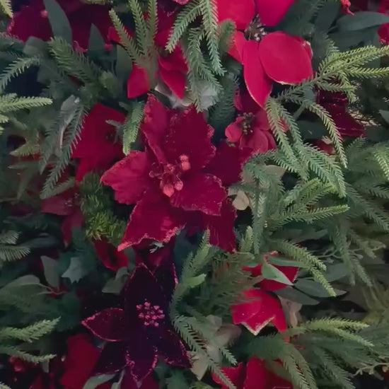 Christmas Aisle Marker Poinsettia Wedding Red Winter Ground Arch Holiday Wedding Backdrop Evergreen Pine Tree Gold Barrel Whiskey Decor