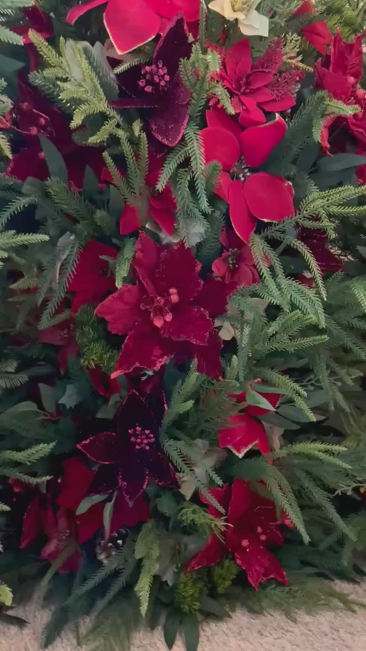 Christmas Aisle Marker Poinsettia Wedding Red Winter Ground Arch Holiday Wedding Backdrop Evergreen Pine Tree Gold Barrel Whiskey Decor