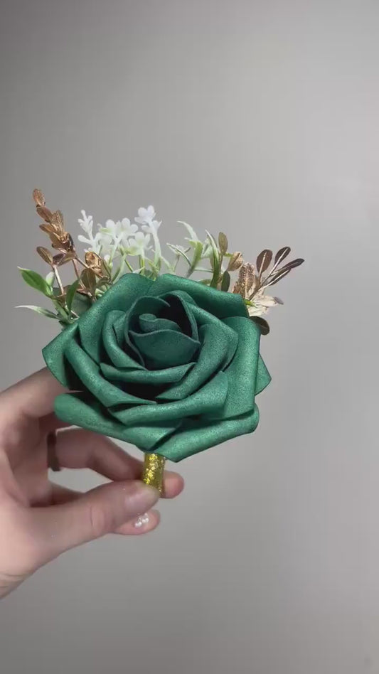 Emerald Green Boutonniere Wedding Groom Green Boutonnière Groomsmen Hunter Green Gold Boutonnière Forest Green Gold Artificial Flowers