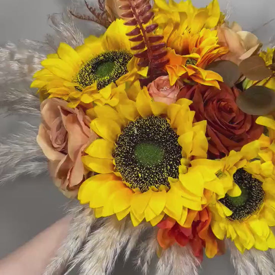 Wedding Bouquet Sunflower Boho Burnt Orange Bridal Terracotta Fall Decor Rust Sunflower Artificial Flowers Dried Pampas Grass Baby Breath